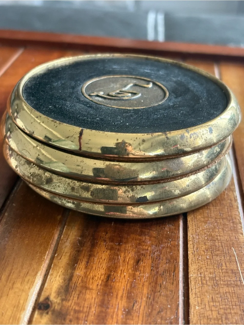 Vintage Solid Brass Leather & Cork Coaster Set of 4 Early Christian Symbols